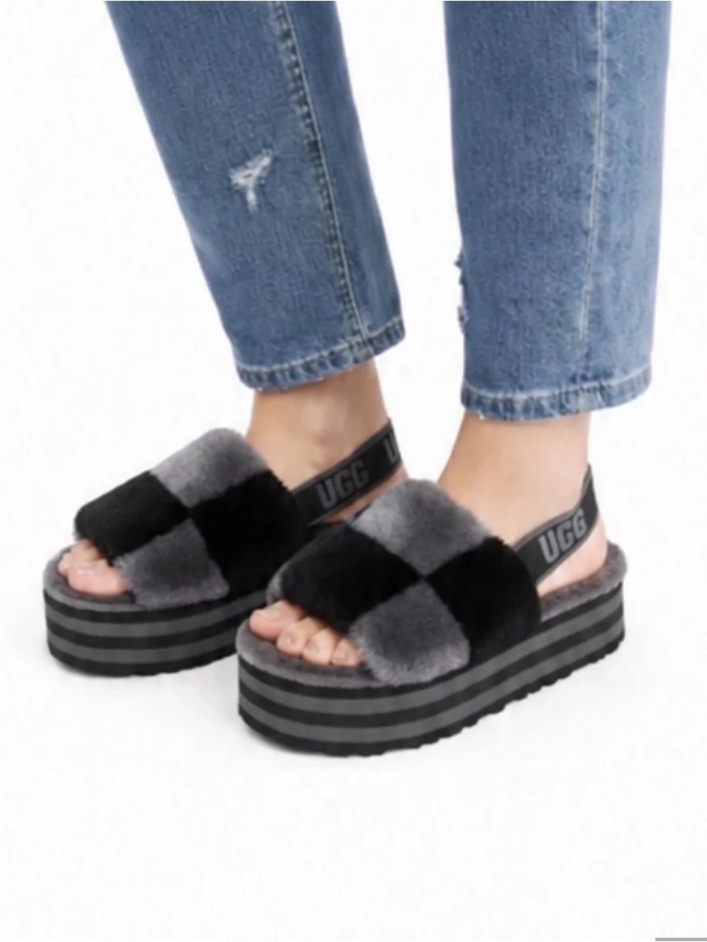 UGG Women’s Disco Checkered Slides Platform Sandals Black and Grey Size 8